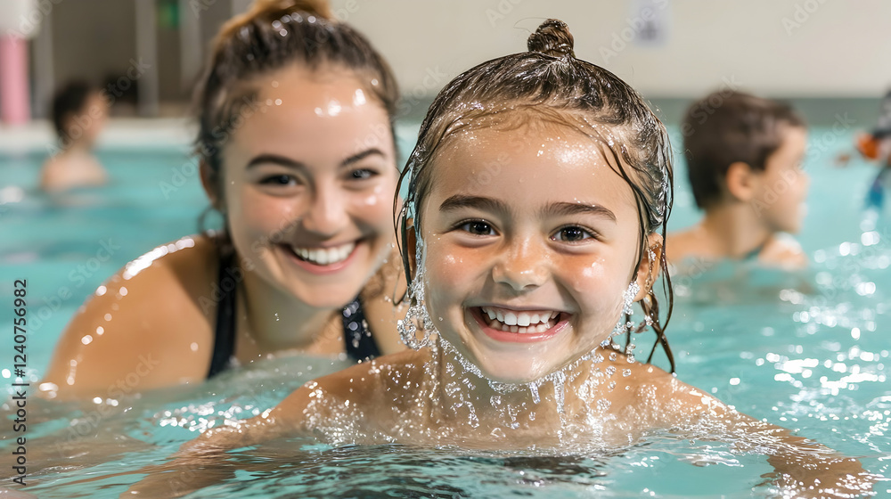 Joyful Girl Swimming with Instructor, Happy aquatic lessons, building confidence and water safety skills in a fun environment. Joyful Girl Swimming with Instructor, Happy aquatic lessons, building confidence and water safety skills in a fun environment.