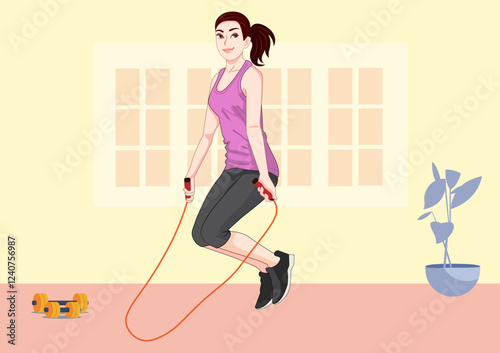 young woman exercising with jumping rope