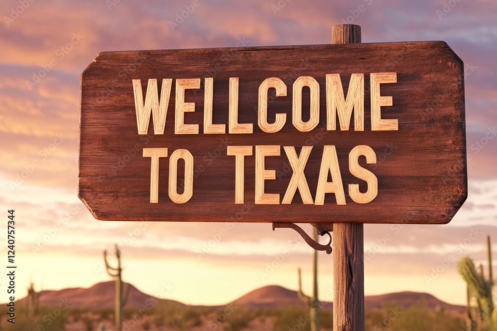 Fototapeta premium Rustic sign welcoming visitors to Texas, surrounded by desert la
