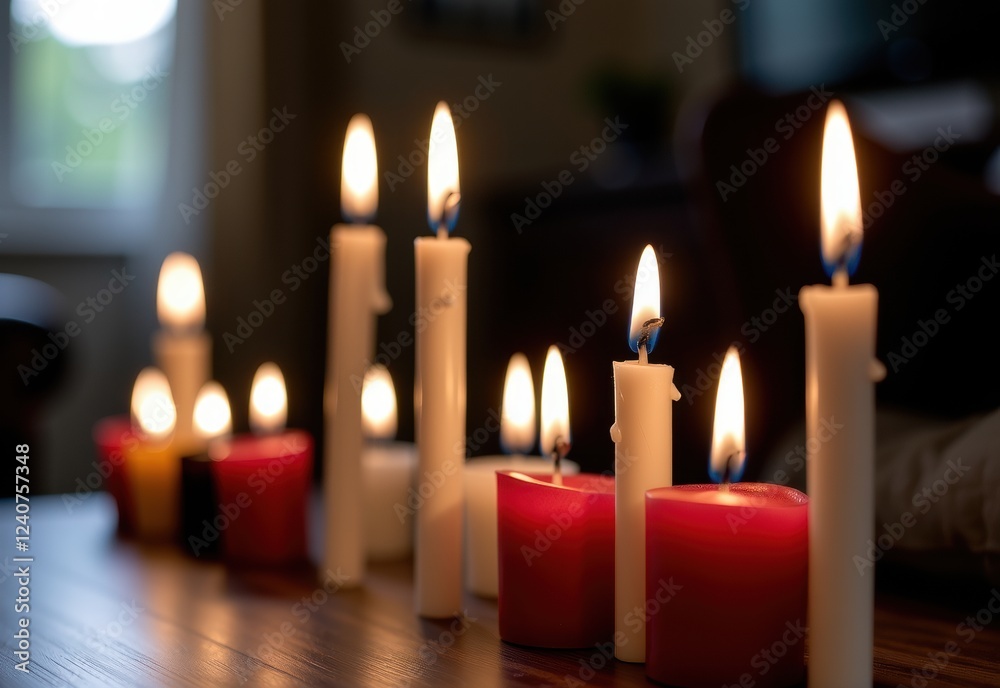 A row of candles in a diagonal line against a dark background, creating a warm and inviting glow. A row of candles in a diagonal line against a dark background, creating a warm and inviting glow.