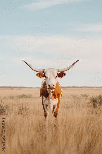 Majestic longhorn stands proudly in vast Texas plains under expa photo