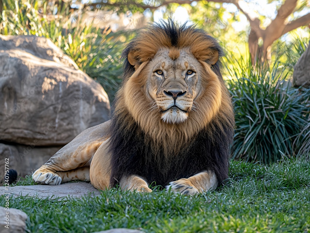 Majestic male lion resting, zoo enclosure, sunny day, wildlife