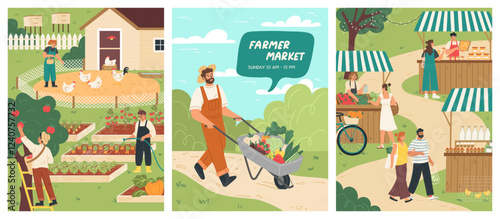 Local farmers gather to offer fresh fruits, vegetables, and handmade goods at the lively farmer market, inviting the community to enjoy a wholesome shopping experience. Vector set.