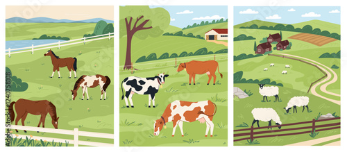 Horses, cows, and sheep are grazing in a lush green field surrounded by rolling hills and farmlands, showcasing a serene and thriving livestock farming environment. Vector set