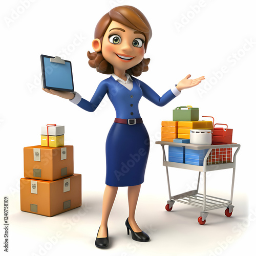 Businesswoman Cartoon Character Holding Clipboard and Packages