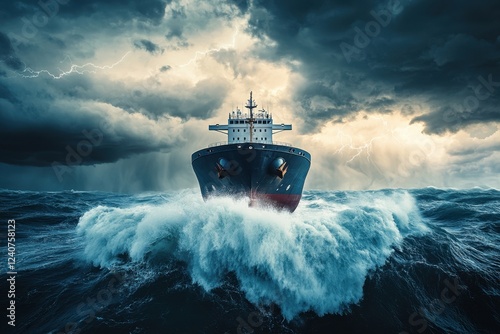 Cargo ship braving stormy seas maritime adventure ocean waves dramatic weather front view resilience at sea