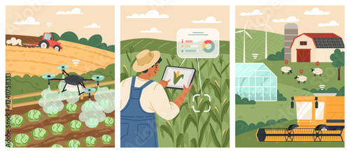 Modern agricultural practices are illustrated with a tractor tilling soil, a farmer monitoring crops with tech tools, and a drone inspecting fields for optimal yield and health. Vector set