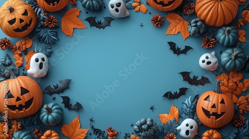 Halloween themed flat lay with pumpkins, ghosts, bats, and leaves on blue background photo