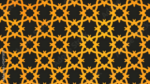 Intricate geometric pattern featuring interlocking orange shapes on a black background