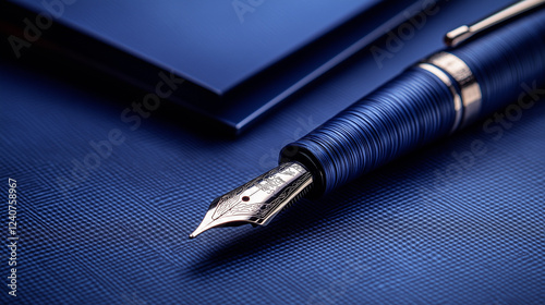 A luxurious deep blue fountain pen with intricate gold details, symbolizing elegance, professionalism, and timeless craftsmanship.