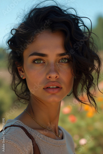 Close-up portrait of a young woman with curly dark hair and green eyes in natural sunlight