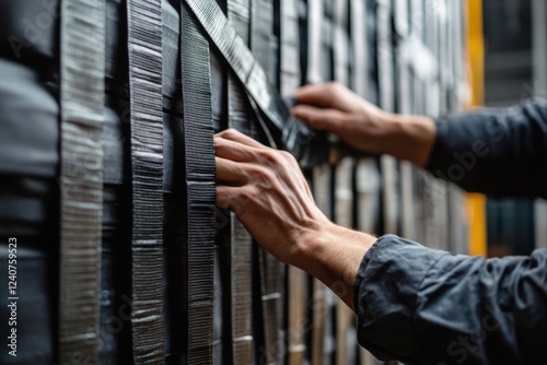 Action of securing cargo warehouse facility closeup image industrial environment hands focused heavy-duty standards for safe transport and cargo management