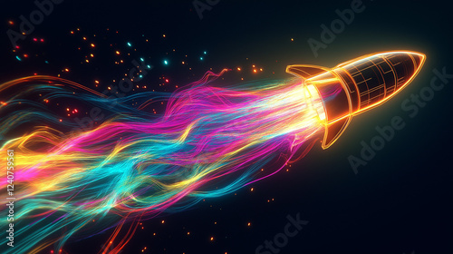 A futuristic neon rocket soaring through space with colorful glowing trails, symbolizing exploration, innovation, and the limitless potential of space travel.