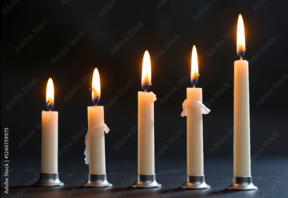 A row of candles in a diagonal line against a dark background, creating a warm and inviting glow. A row of candles in a diagonal line against a dark background, creating a warm and inviting glow.