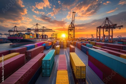 Wallpaper Mural Vibrant cargo operations at bustling port sunset over colorful container stacks industrial landscape aerial viewpoint global trade dynamics Torontodigital.ca