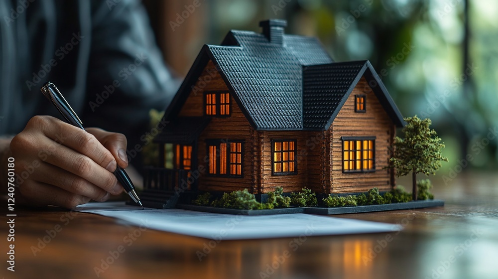 A person sketches a house model with glowing windows on a wooden table in a cozy setting A person sketches a house model with glowing windows on a wooden table in a cozy setting
