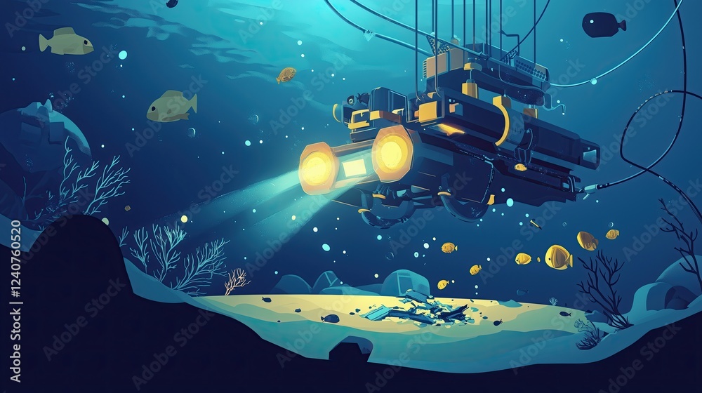 Obraz premium Flat illustration ROV submarine inspecting damaged undersea internet cable, repair operation in progress