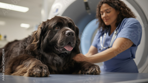 Veterinary assistant comforting a large Newfoundland dog during a medical procedure in a modern clinic setting