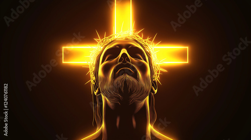 A striking minimalist digital illustration of Jesus Christ with a radiant cross, symbolizing faith, sacrifice, and divine enlightenment.