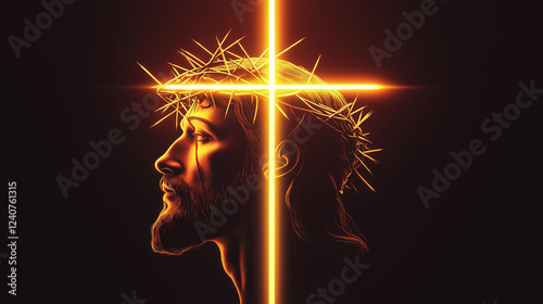 A minimalist digital illustration of Jesus Christ with a glowing cross, depicting a modern, artistic representation of faith and devotion.