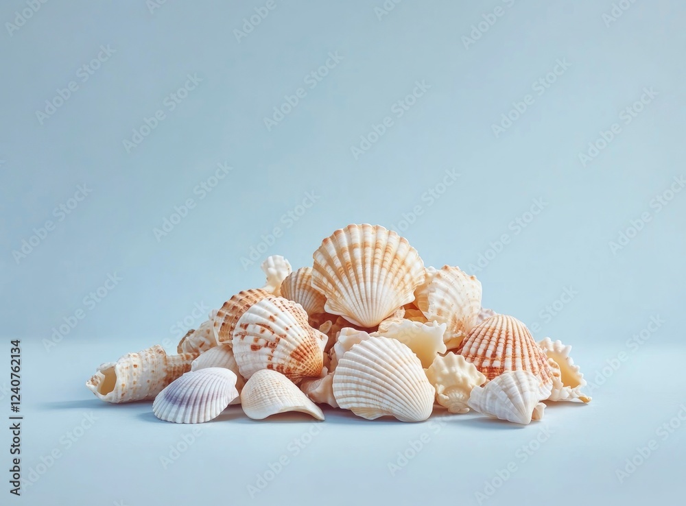 A pile of seashells on the right side, placed against a light blue background with copy space for text. The shells include various types and sizes, A pile of seashells on the right side, placed against a light blue background with copy space for text. The shells include various types and sizes,
