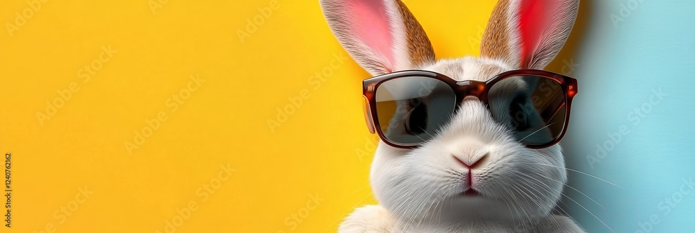 Stylish Easter Bunny Posing in Sunglasses on a Vibrant Yellow and Blue Background, Copy Space Stylish Easter Bunny Posing in Sunglasses on a Vibrant Yellow and Blue Background, Copy Space
