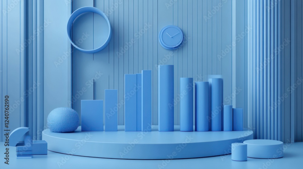 Obraz premium Blue geometric shapes on platform, classical backdrop