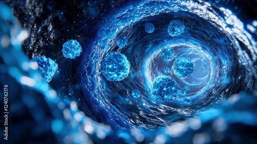 Abstract depiction of swirling blue particles. photo