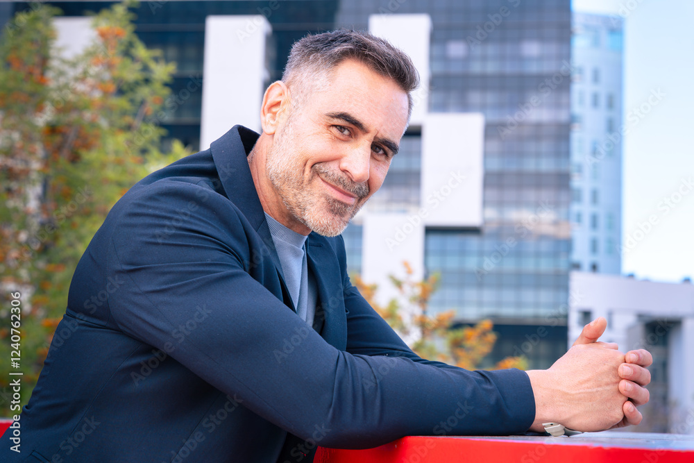 Confident Businessman Smiling in Modern Urban Setting Confident Businessman Smiling in Modern Urban Setting