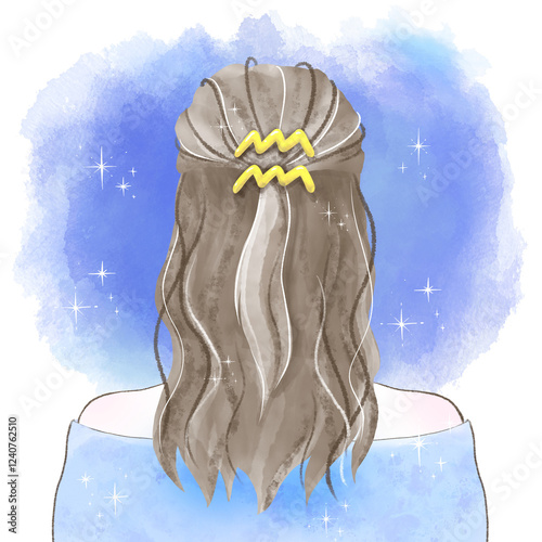 水瓶座の髪飾りを付け星空を見つめる後ろ姿の女性の水彩イラスト