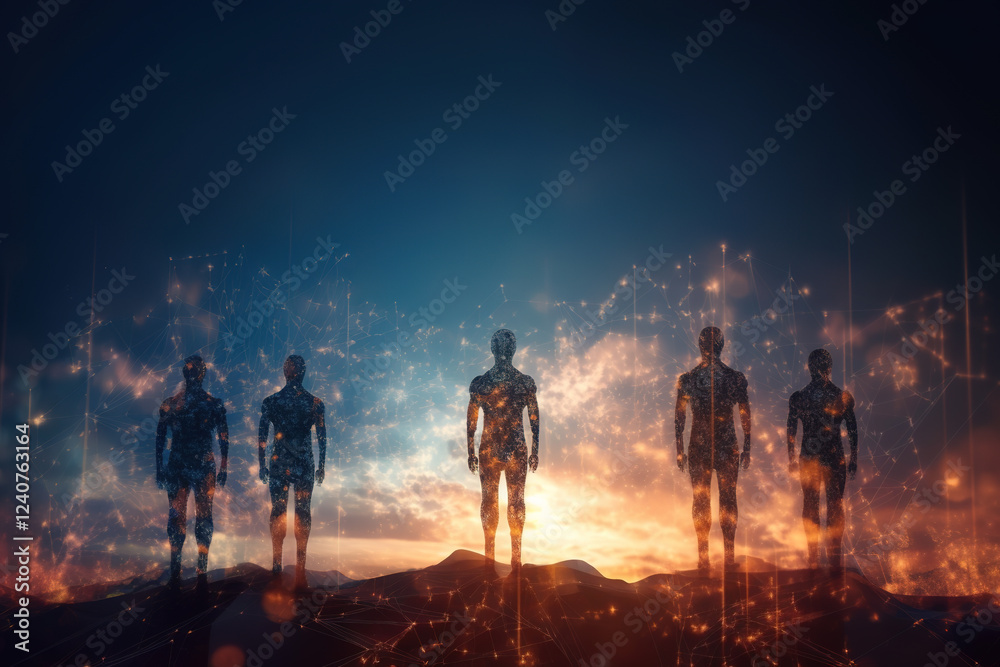 Fototapeta premium Figures stand silhouetted against a stunning sunset in a surreal landscape of light and shadows