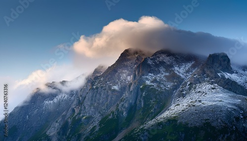 A mountain with low-hanging clouds photo