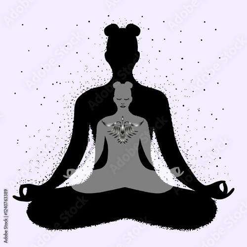 Abstract drawing of a woman meditating in the lotus position against a dark silhouette.