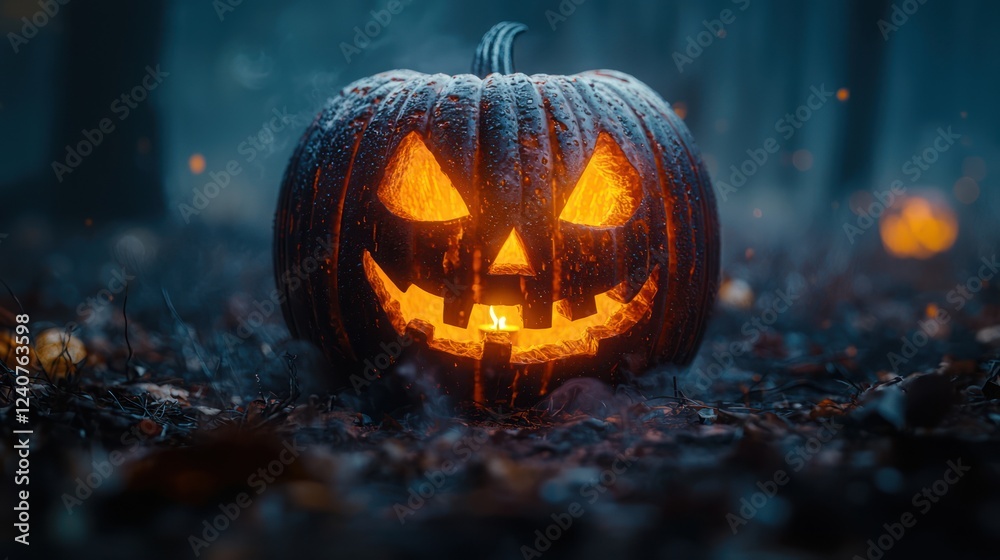 Jack-o'-lantern in mystical forest at night Jack-o'-lantern in mystical forest at night