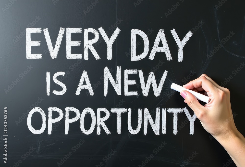 Handwriting 'Every Day is a New Opportunity' on a Blackboard with White Chalk Motivational quotes best for wall art or print Handwriting 'Every Day is a New Opportunity' on a Blackboard with White Chalk Motivational quotes best for wall art or print