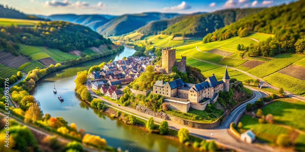Fototapeta premium Aerial Tilt-Shift View: Burg Are Ruin, Ahr Valley, Vineyards, River