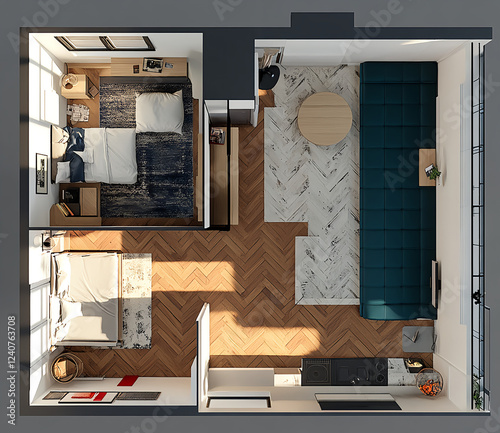 3D plan of an apartment, with white walls and dark blue panels on the floor in two rooms and one hallway. The flooring is a combination of linoleum and wooden flooring, set against a gray background.  photo