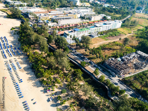 Aerial view drone photography High angle view of Karon city building, Phuket province Thailand photo