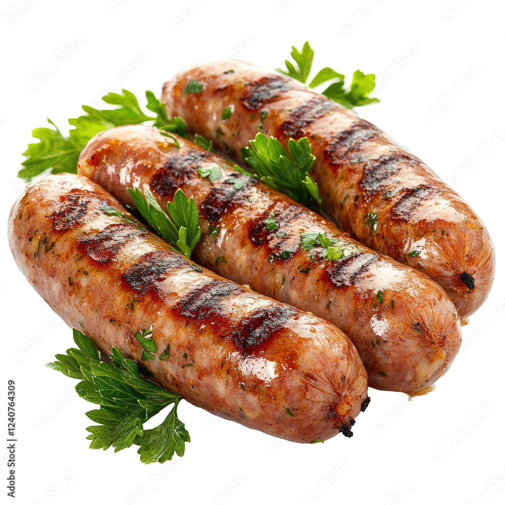 Isolated Four Grilled Sausages with Fresh Parsley Isolated Four Grilled Sausages with Fresh Parsley