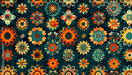 Vibrant floral pattern featuring intricate designs in warm colors against a dark background