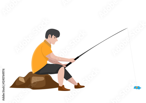 Young boy sitting fishing on rocks, white background