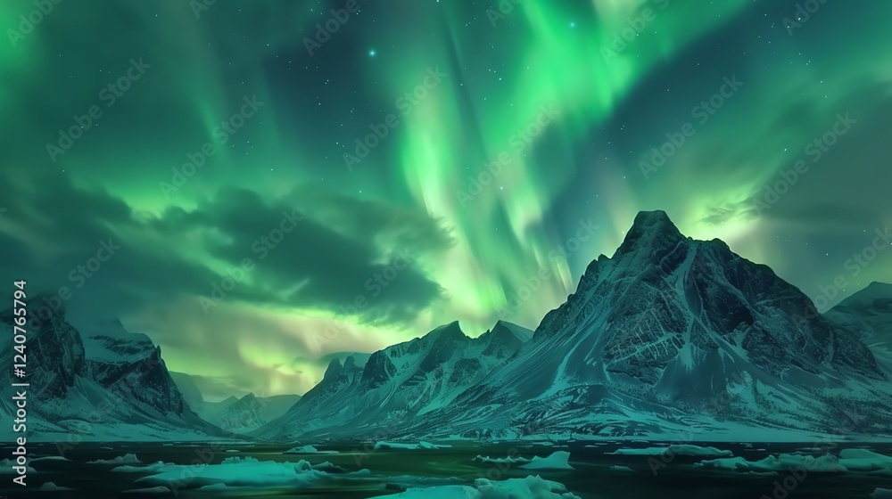 Naklejka premium A mesmerizing display of the Northern Lights dancing above a frozen landscape, with snow-capped mountains and a frozen lake in the foreground.