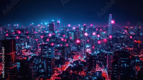 Wallpaper Mural Night city skyline connected by digital lines Torontodigital.ca