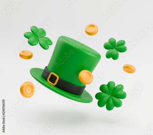 3D Patrick's hat. Flying leprechaun hat with golden coin, green shamrock and four-leaf clover. Realistic Irish symbol of St. Patrick's Day. Vector sign of luck and success on light gray background