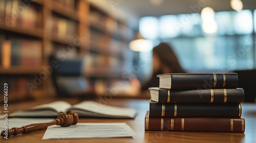 Modern legal office for a corporate governance attorney showcasing sharp focus on board policies compliance reports and corporate law manuals while the lawyer remains softly blurred
