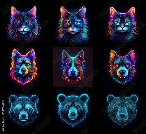 Vibrant, neon-colored portraits of cats, dogs, and bears.  Each animal's head is depicted in a unique, glowing style against a dark background.  The artwork showcases a variety of breeds and expressio photo