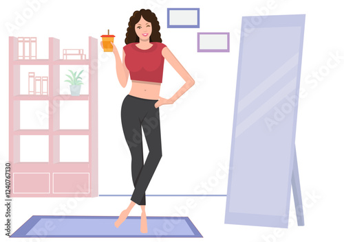 A young woman poses in a refreshing pose after drinking juice.
