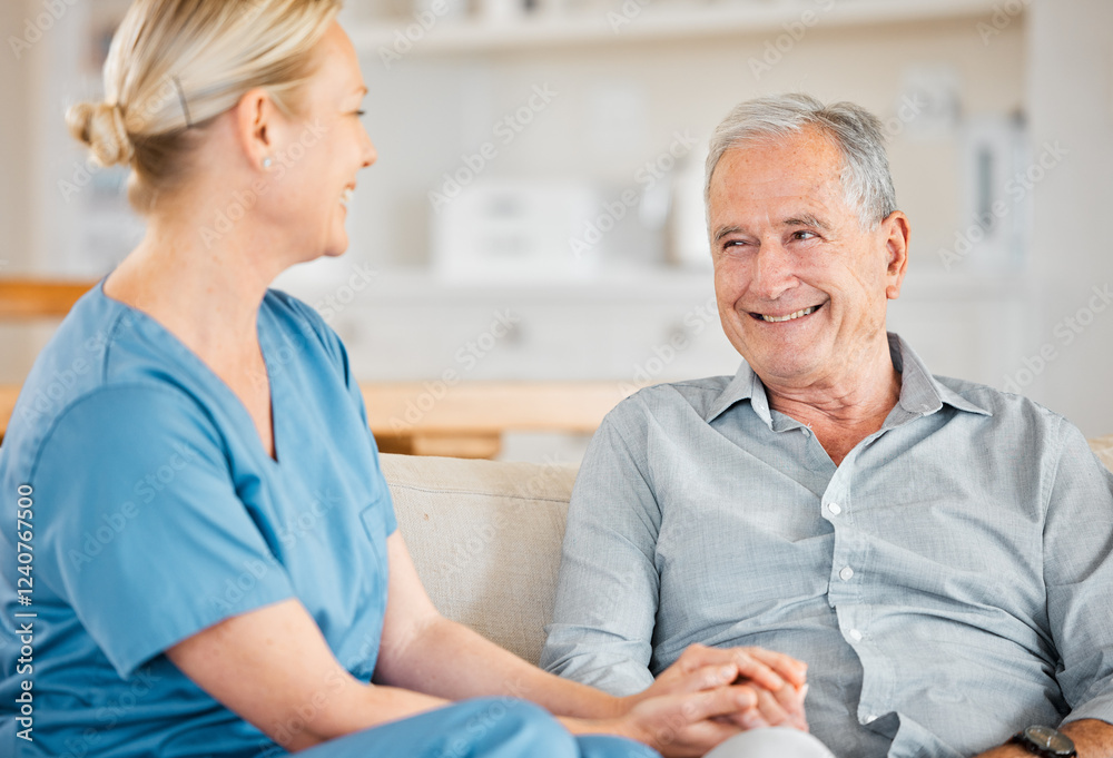 Healthcare, nurse and support with old man on sofa for smile help and caregiver. Retirement, medical and volunteer with senior patient and person in nursing home for elderly care, trust or healing Healthcare, nurse and support with old man on sofa for smile help and caregiver. Retirement, medical and volunteer with senior patient and person in nursing home for elderly care, trust or healing