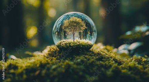 Enchanted Glass Globe with Tree Surrounded by Moss in Forest
