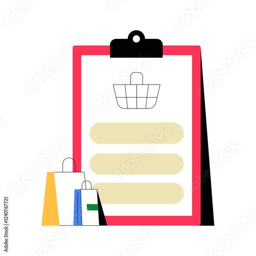 Shopping Checklist Clipboard With Bags In Flat Vector Illustration Symbolizing Shopping List, Retail Planning, And Grocery Purchase Organization, Isolated On White Background